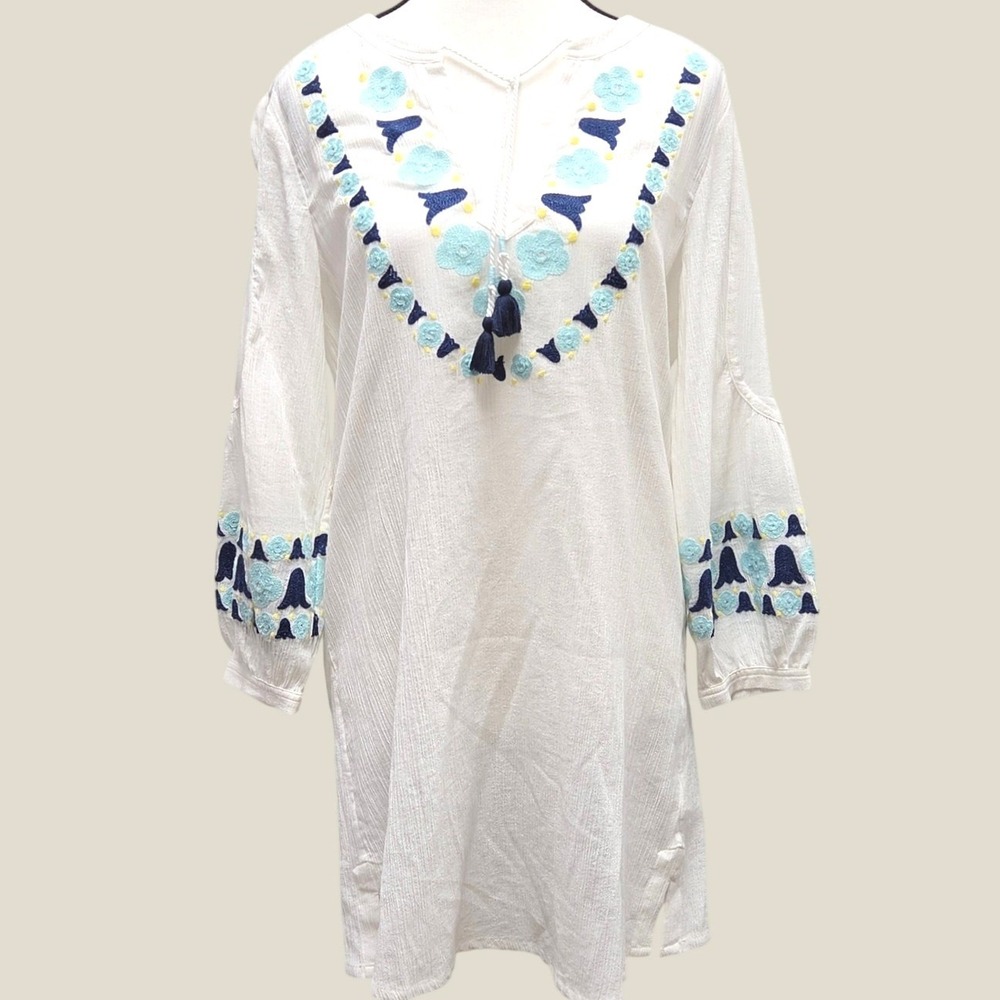 Boden Embroidered Tunic Women 6 White Blue Floral Cotton Tassel Gauze Boho Airy